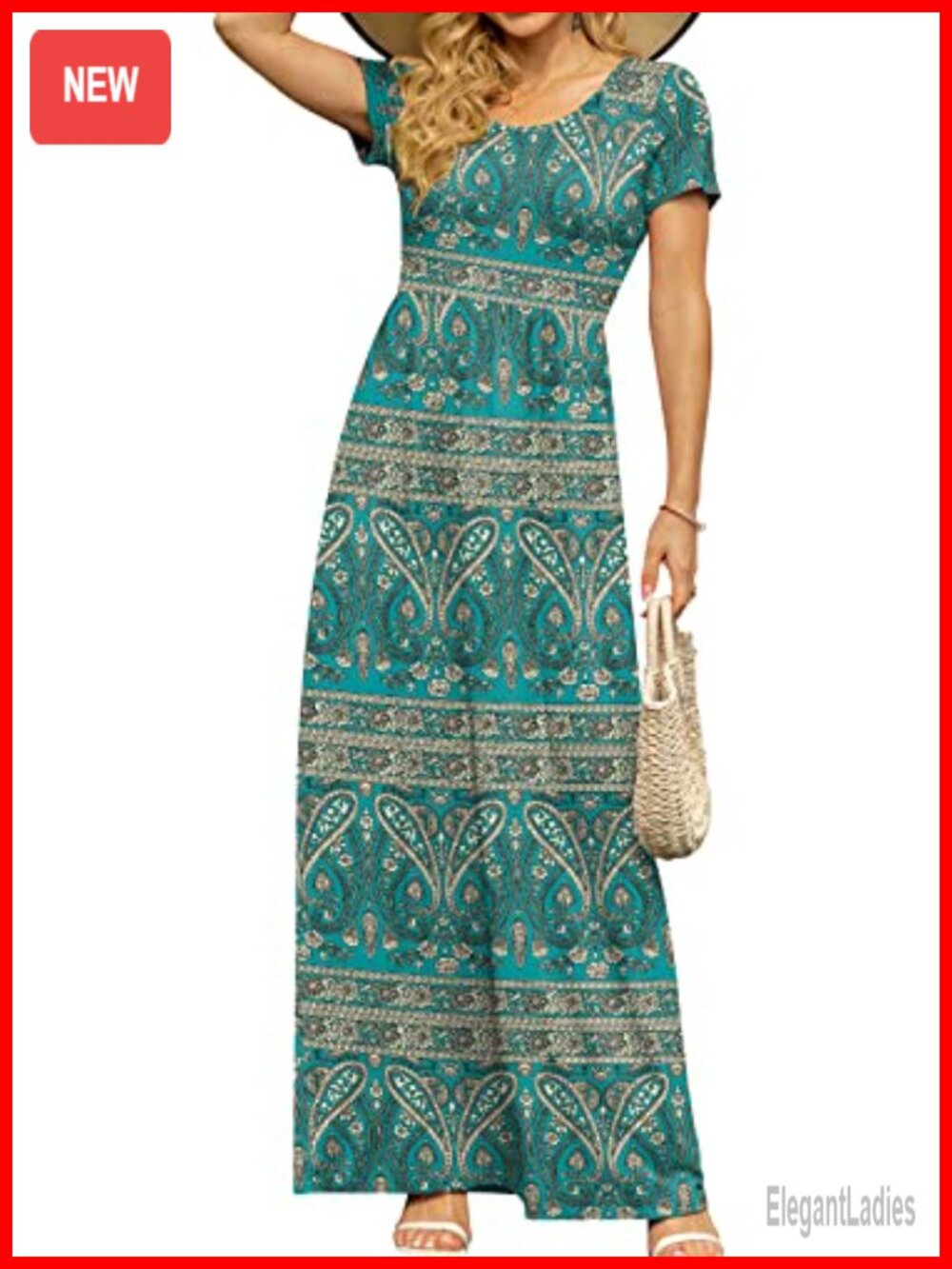 Women's Summer Maxi Dress Casual Short Sleeve Empire Waist Pockets Rayon Spandex
